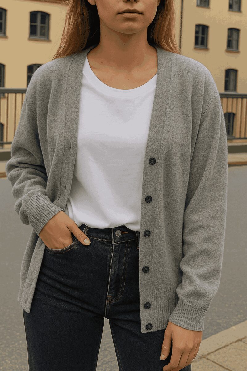 Bela majica uz tamne farmerke i sivi kardigan