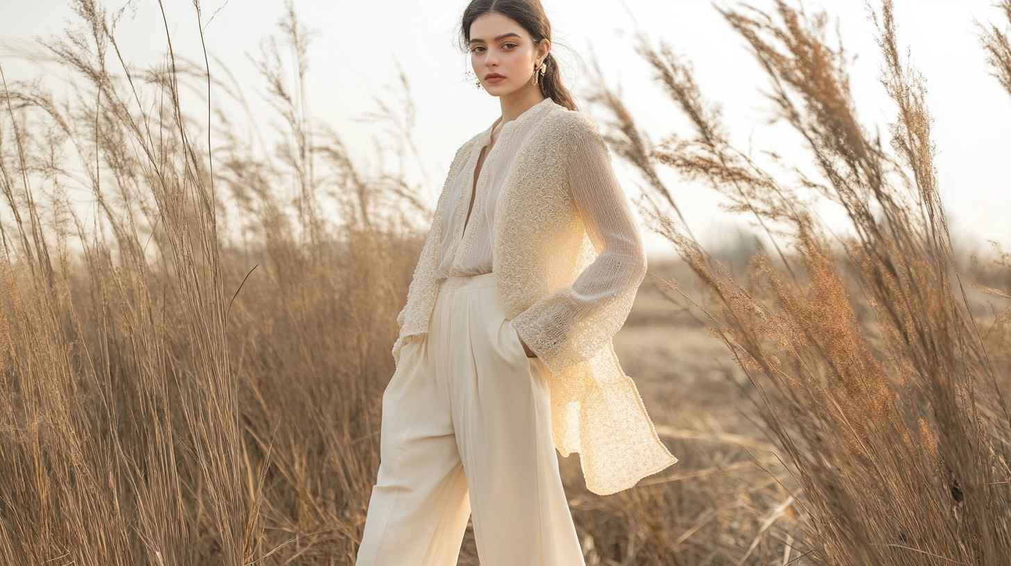 Žena u krem pantalonama, laganoj bluzi i teksas prsluku stoji u polju trske u letnjem ambijentu