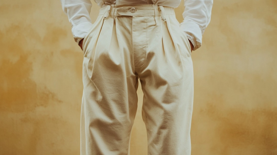 Osoba u krem pantalonama i beloj košulji pozira ispred bež zida, fokus na srednjem delu tela