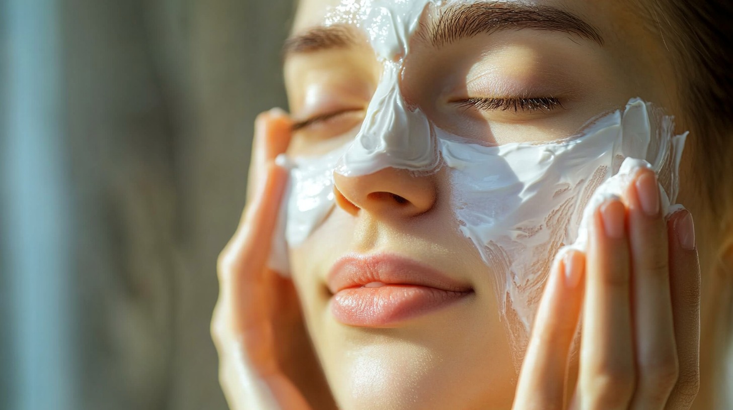 Žena nanosi kremastu masku za lice zatvorenih očiju u opuštajućem ambijentu