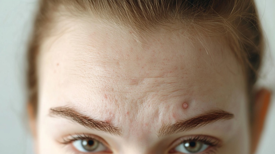 Čelo sa upaljenim bubuljicama i jednom izraženom cistom iznad obrve