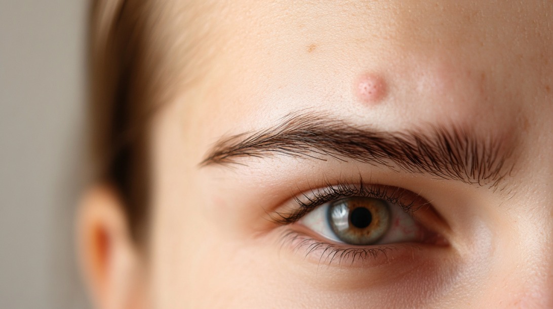 Prikaz upaljene bubuljice iznad obrve sa fokusom na oko