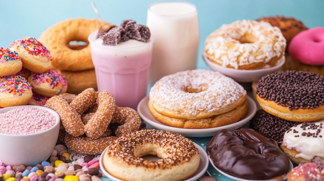 Raznovrsne slatke poslastice kao što su krofne, kolači i milkšejk na stolu