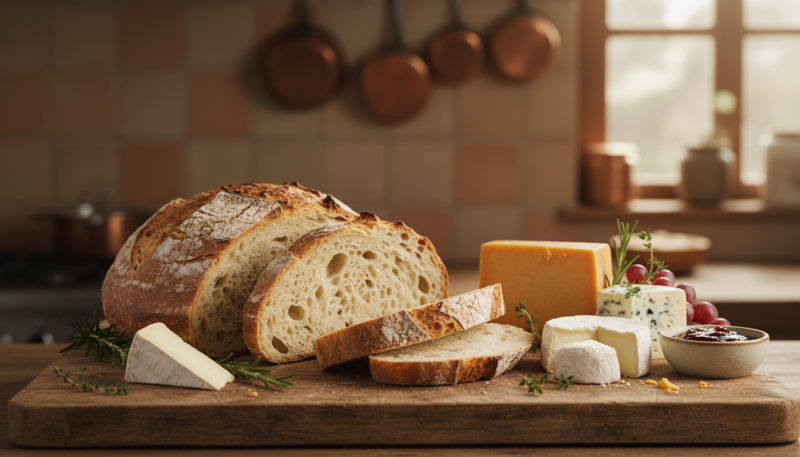 domaći hleb serviran na drvenoj dasci sa sirom
